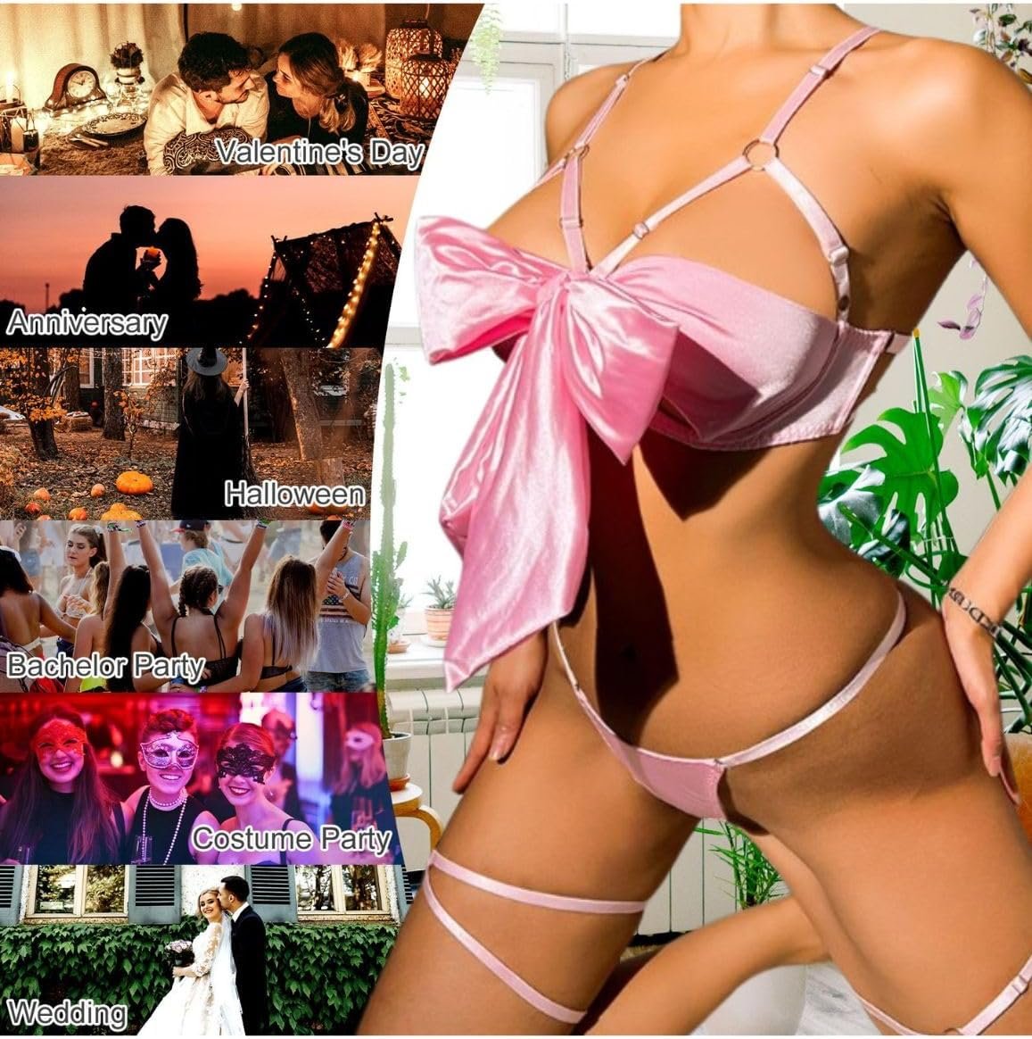 Women Sexy Satin Bow Lingerie Unwrap Me Naughty Lingerie 3 Piece Cute Bra and Panty Sets Ladies Valentines Outfit - Image 6