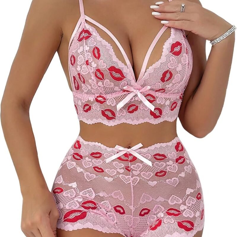 Sexy High Waist Strappy Floral Lace Mesh Sheer Lingerie Set 2 Piece