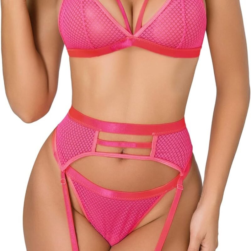 popiv Women's Sexy Lingerie Set with Garter Belt Matching Bra and Panty Lingeries Sets 4 Piece