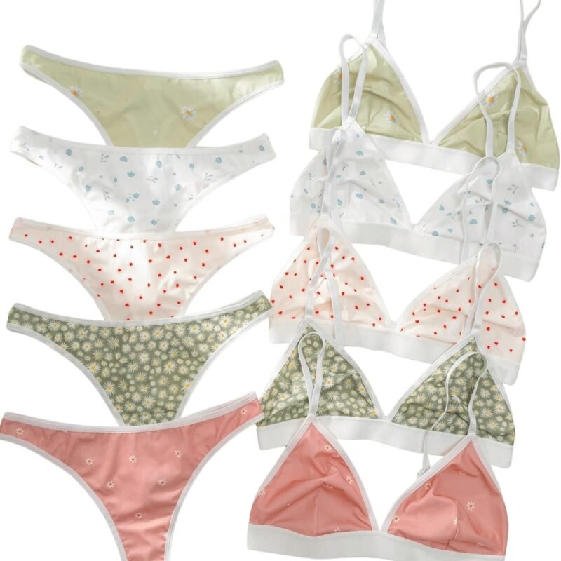 Women's 5 Sets Matching Bra and Panty Set Polka Dots Print Lingerie Set Triangle Bralettes and Low Rise Thong Set