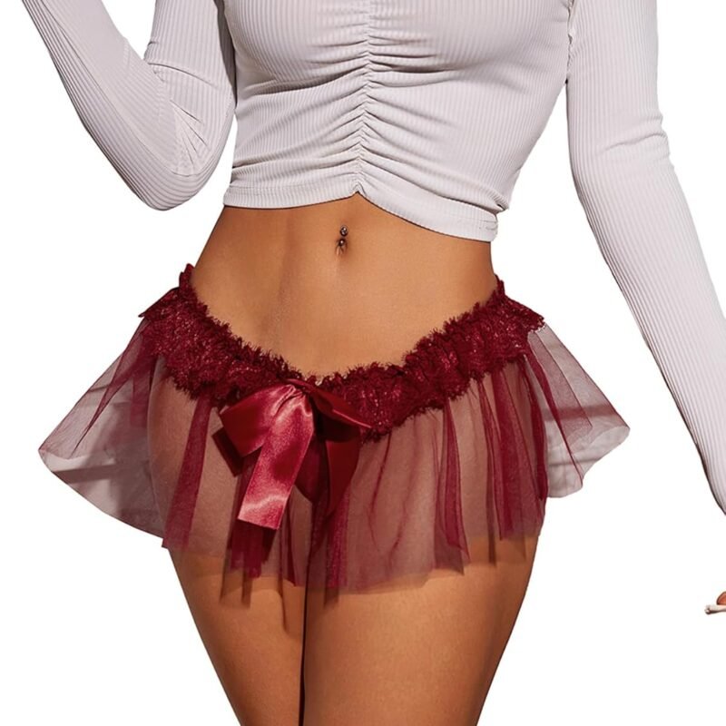 OYOANGLE Women's Mesh Babydoll Lingerie Cute Bow Tie Ruffle Lace Trim Thong Panty Low Rise Underwear