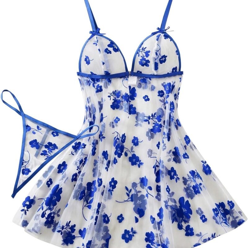 Sexy Applique Floral Mesh Sheer Babydoll Lingerie Dress Set with Thong 2 Piece