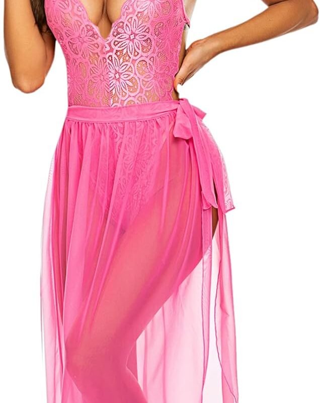 Avidlove Women One Piece Lingerie Deep V Lace Bodysuit Mosaic Lace Teddy Mesh Skirt