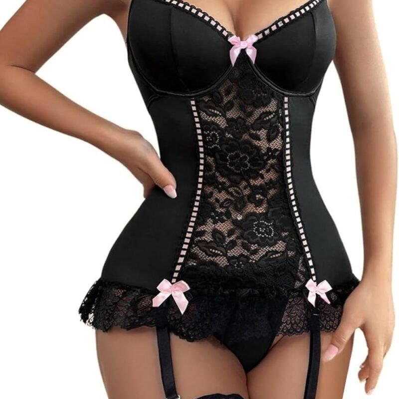 popiv Women Sexy Lingerie Sets Lace Garter Belt Teddy Babydoll Lingerie with Stockings