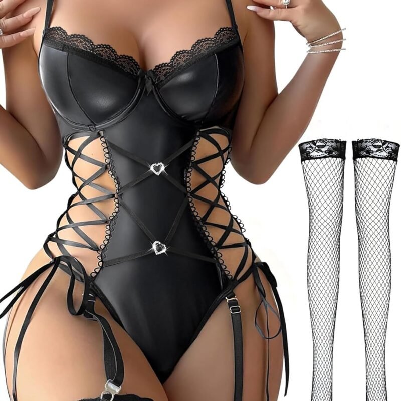 Lilosy Sexy Floral Lace Up Belt Garter Underwire Teddy Bodysuit Lingerie Set