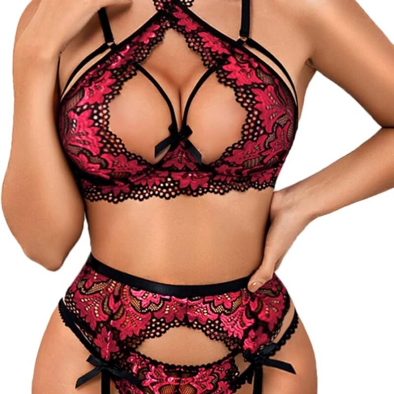 Donnalla Women Sexy Lingerie Set with Garter Belts Lace Bra and Panty Set Exotic Suspenders Set (NO STOCKINGS)
