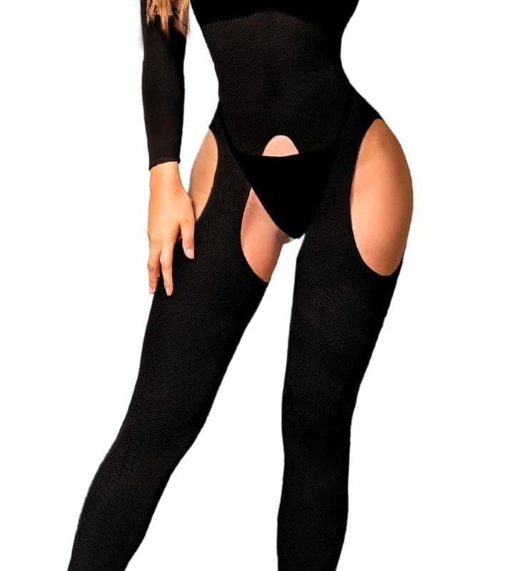 Kaei&Shi Fishnet Bodysuit For Women Fit 0-18, Sexy Long Sleeve Bodystocking, Plus Size Exotic Sheer Lingerie Glow Rave Outfit