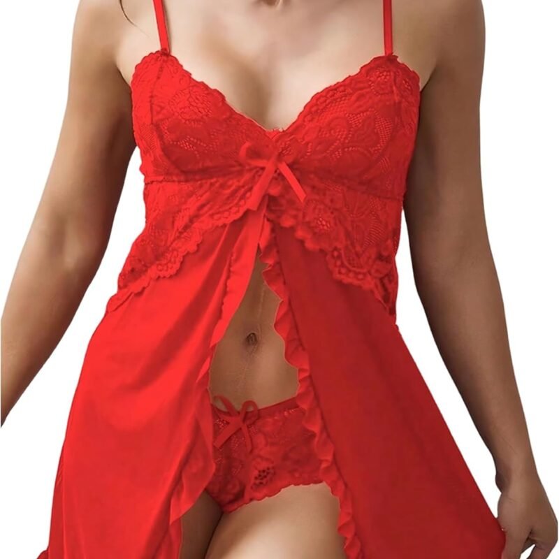 OYOANGLE Lingerie for Women Lace Sheer Open Front Chemise V Neck Mesh Babydoll Nightgowns Boudoir Nighty