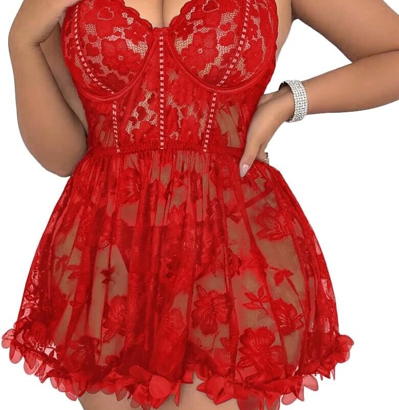 Plus Size Lingerie for Women Open Back Sexy Lingerie Dress Floral Lace Babydoll Chemise Lace Nightgown