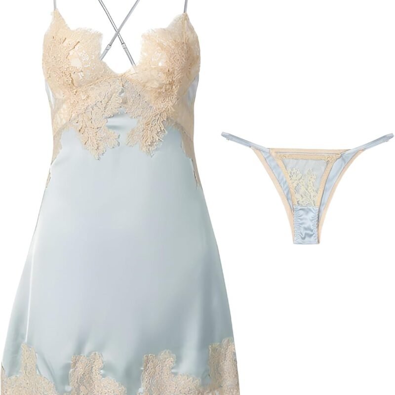 Lilosy Sexy Silk Lace Up Backless Satin Applique Floral Lace Babydoll Lingerie Dress with Tong 2 Piece