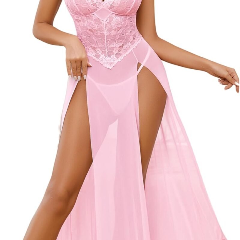 Avidlove Women Lingerie Dress Long Lace Babydoll Chemise Side Split Night Gowns V Neck Mesh Nightdress