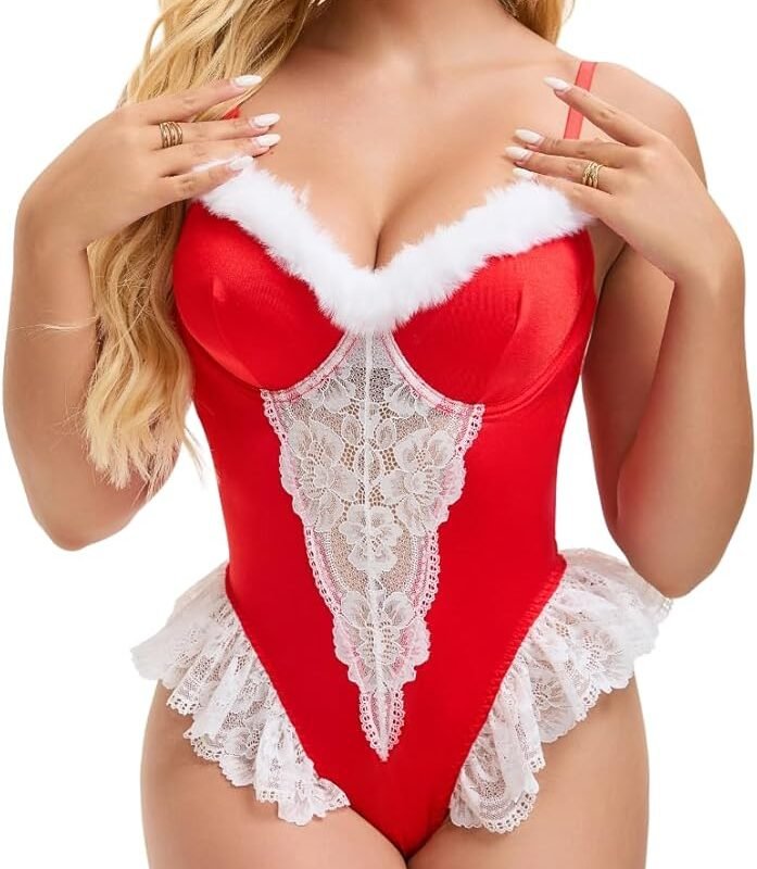 Sexy Lingerie Set Lace Trimmed Teddy Bodysuit with Underwire Push-Up Garter Stockings