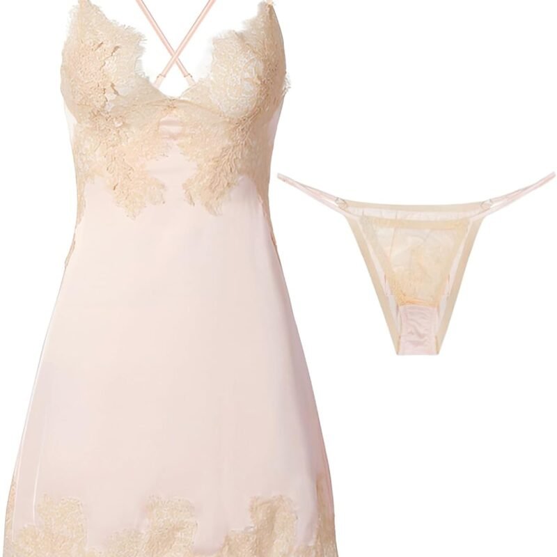 Lilosy Sexy Silk Lace Up Backless Satin Applique Floral Lace Babydoll Lingerie Dress with Tong 2 Piece