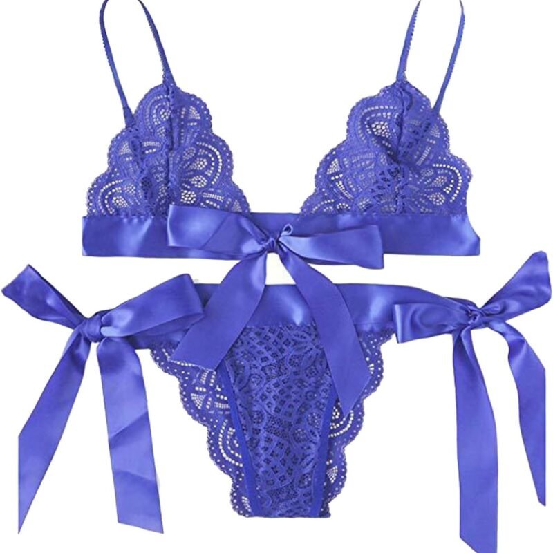 Sexy Underwire Push Up Scallop Floral Lace Sheer Lingerie Set for Women Bow Tie Bra and Panty 2 Piece Sets Christmas