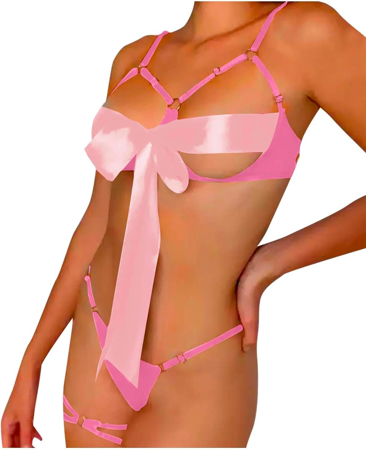 Women Sexy Lingerie Set Satin Bow Tie 2 Piece Bra and Panty Sets Cute Christmas Valentines Lingerie Nightgowns