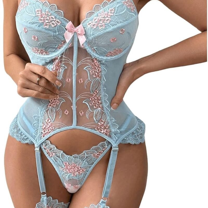 OYOANGLE Women's 2 Piece Floral Embroidered Lingerie Set Spaghetti Strap Underwire Garter Lingerie Teddy with Thongs