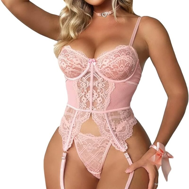 WDIRARA Women's Sexy Lingerie Set Floral Lace Garter Bustier Lingerie Set with 1Pair Fishnet Stocking