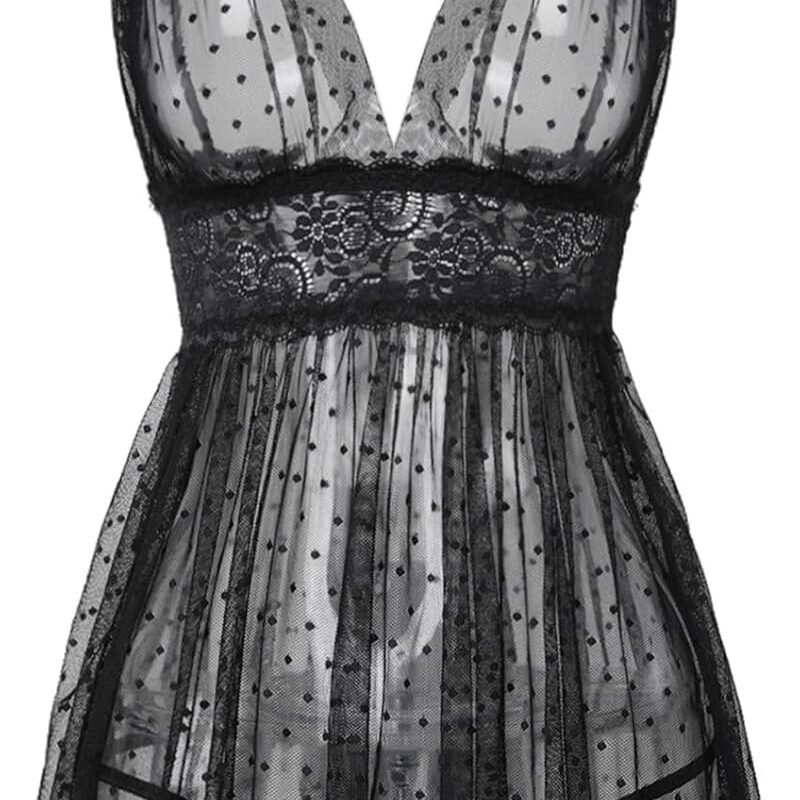 Sexy Women's Black Sheer Nightgown with Polka Dots and Lace for Women - Elegant Sleepwear
