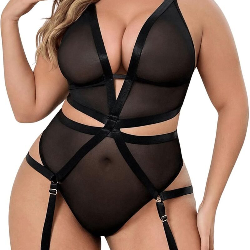 SOLY HUX Plus Size Teddy Lingerie for Women Sheer Mesh See Through Deep V Babydoll Bodysuits