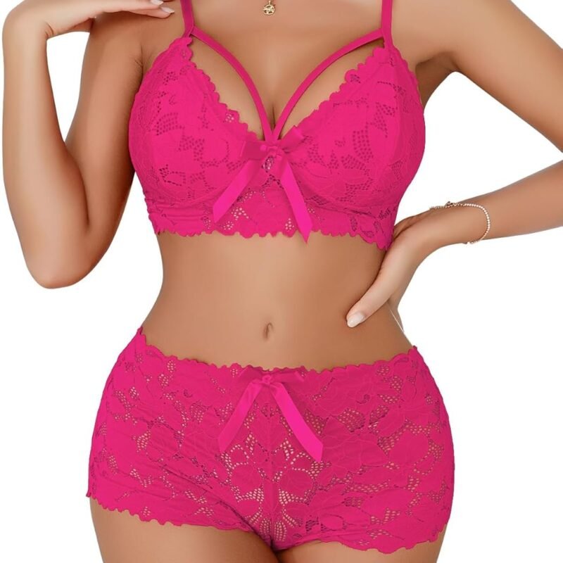 Lilosy Sexy Strappy High Waist Floral Lace Pajamas Lingerie Set Outfits