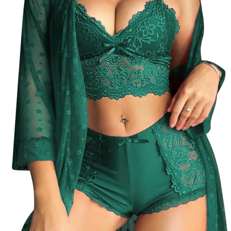 RSLOVE Women Sexy Lingerie Set - 3 Piece Lace Bra and Panty Sets with Mesh Kimono Robe Nightgown Sleepwear