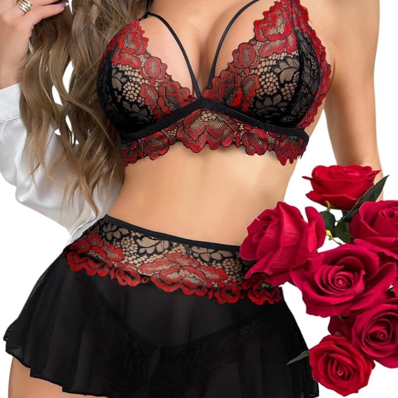 Sexy Mini Skirt with G-String Floral Lace Sheer Bralette Lingerie Set 3 Piece Otufits