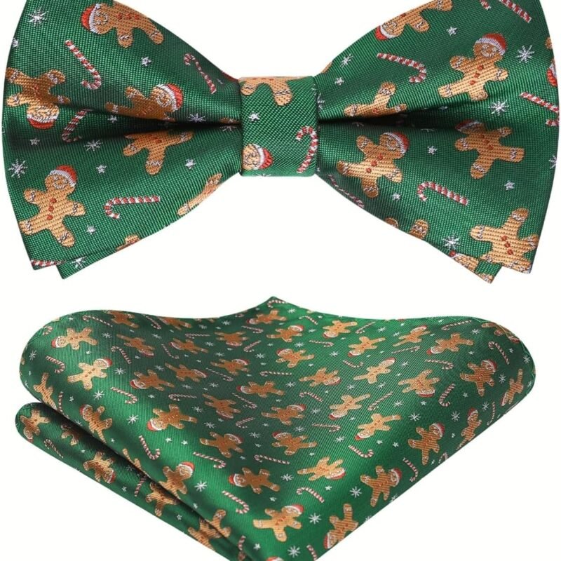 HISDERN Christmas Mens Bow Ties Set Holiday Festival Bow Tie and Pocket Square Set with Gift Box Bow Ties for Men Pretied