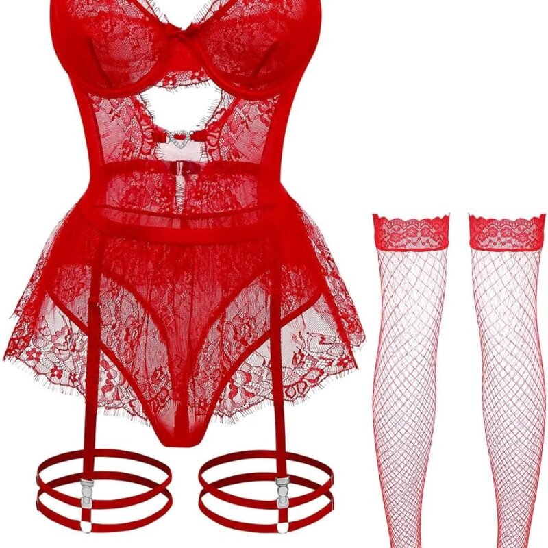 Sexy Stocking Underwire Push Up Rhinestones Heart Floral Lace Mesh Sheer Garter Bodysuit Skirt Lingerie Set 3 Piece