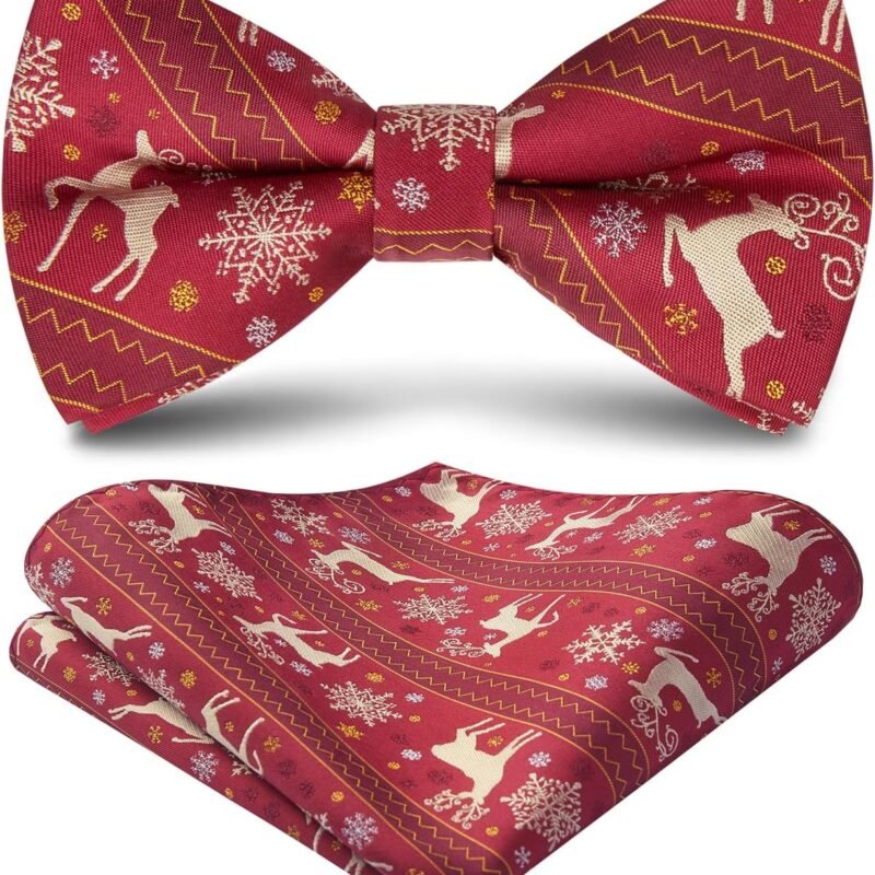 HISDERN Christmas Mens Bow Ties Set Holiday Festival Bow Tie and Pocket Square Set with Gift Box Bow Ties for Men Pretied