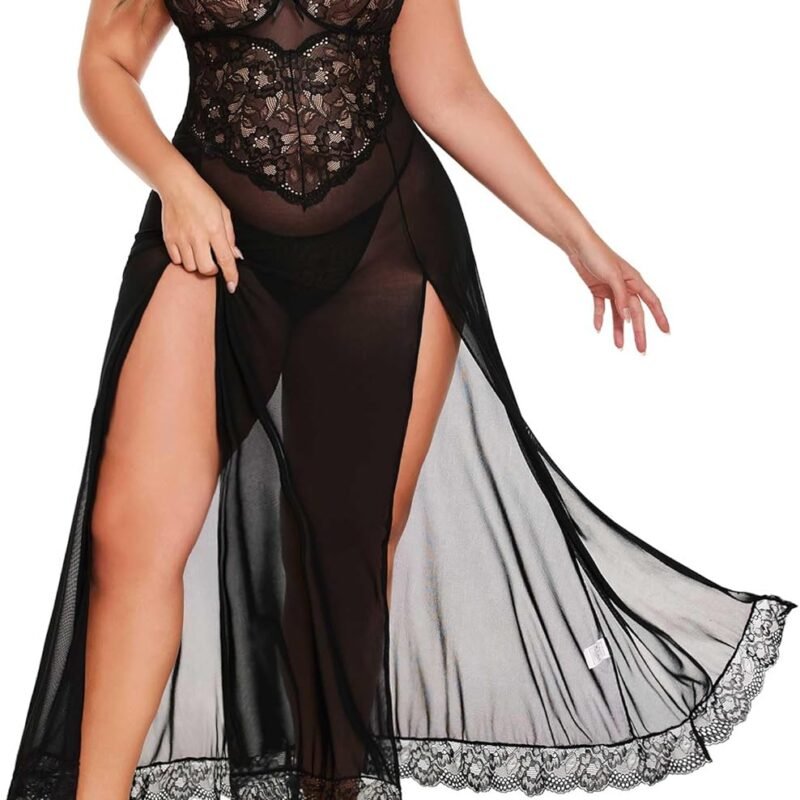 Avidlove Plus Size Lingerie for Women Sexy Lace Babydoll Long Lingerie Dress Side Split Nightgown