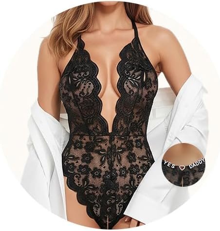 Sexy Lingerie for Women Lace Bodysuit with Heart Letter Rhinestone – Deep V One Piece Lingerie Adjustable Straps