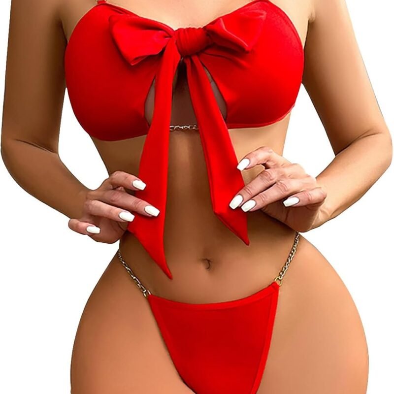 wodceeke Women Red Lingerie Sexy Sets 2 Piece Bow Tie Up Bra and Chain Panty Underwear Set for Sex Naughty