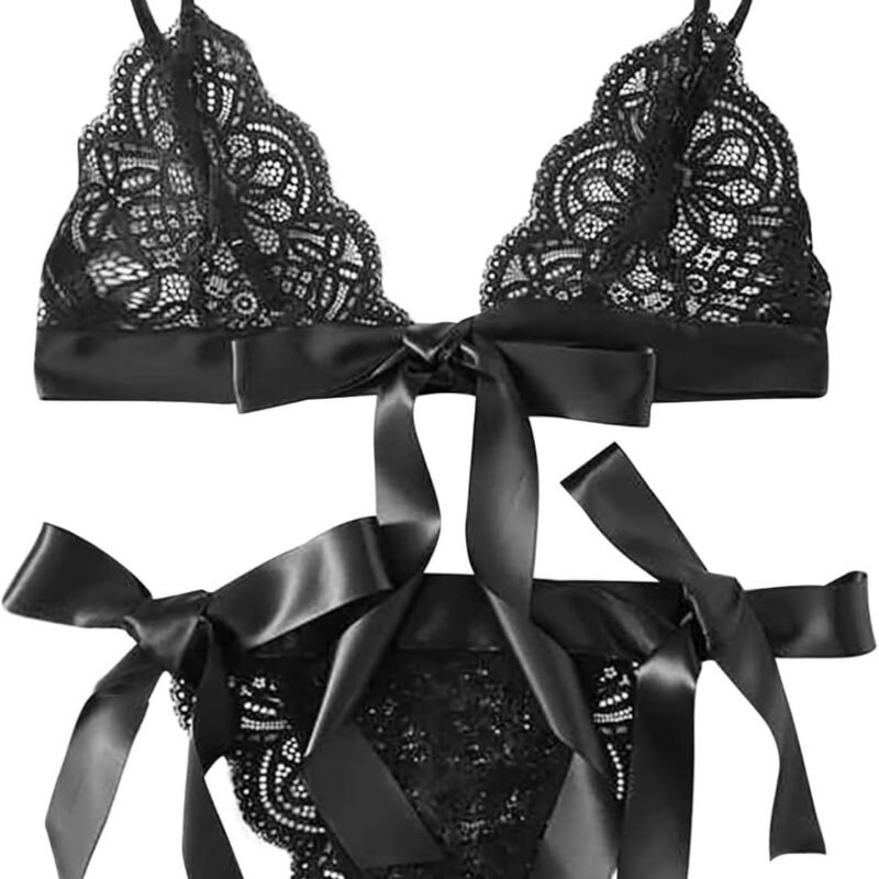 Women's Self Tie Lingerie Set Sheer Lace Spaghetti Strap Bra and Panty 2 Piece