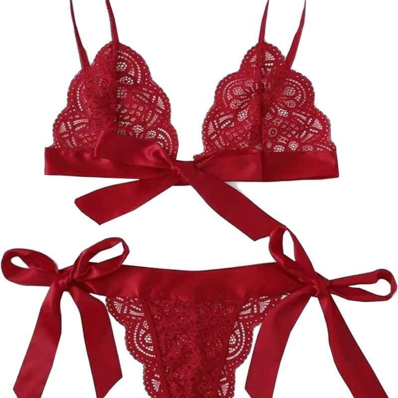 Women Bra Sexy Underpant Scalloped Trim Tie Side Lace Set Lingerie Bow Strappy Butterfly Bow Tie Long Nightgowns