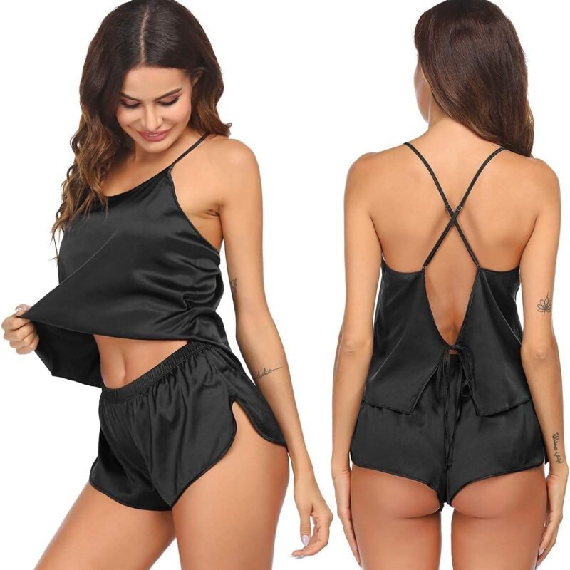 Ekouaer Silk Pajamas Set for Women Satin Backless Lingerie Pjs Cami Top and Shorts Nightwear