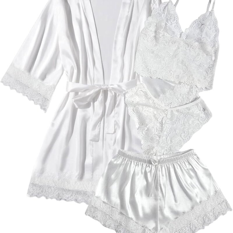 WDIRARA Women' Silk Satin Pajamas Set 4pcs Lingerie Floral Lace Cami Sleepwear with Robe