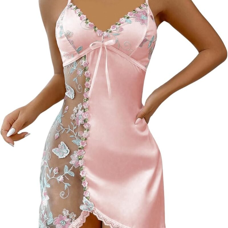 Women's Mesh Floral Embroidery Lace Trim Sheer Chemise Sleep Dresses Babydoll Nightgown Satin Slip Dress