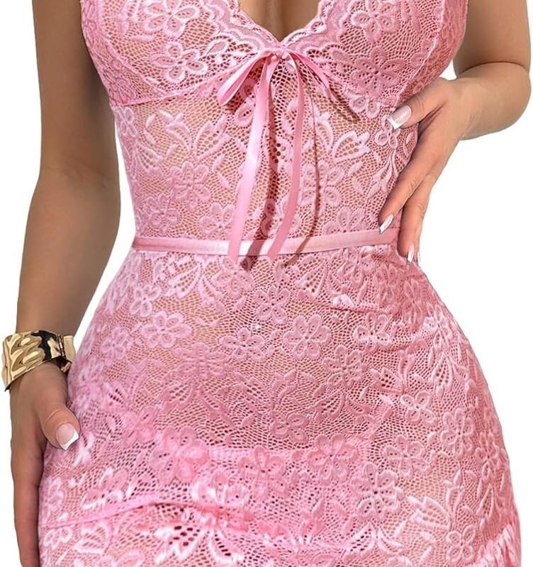 Sexy Sheer Mini Bodycon Babydoll Lace Lingerie Set Sleep Dress with Thong 2 Piece Outfits