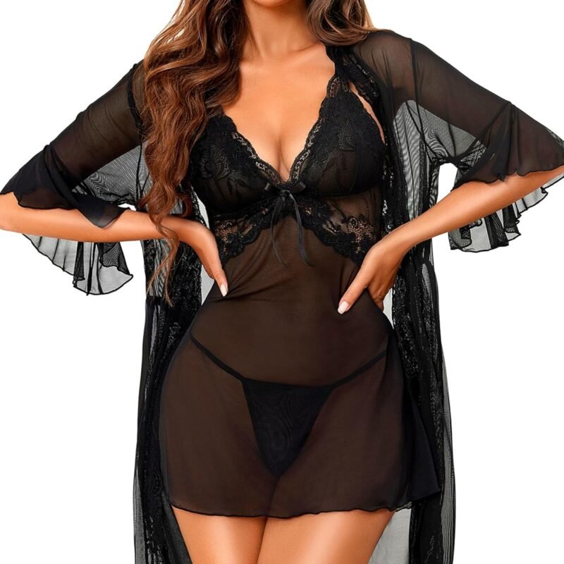 Women Sexy Lingerie Set - 3 Piece Babydoll & Lace Kimono Robe Strap Chemise Sleepwear Mesh Nightgown
