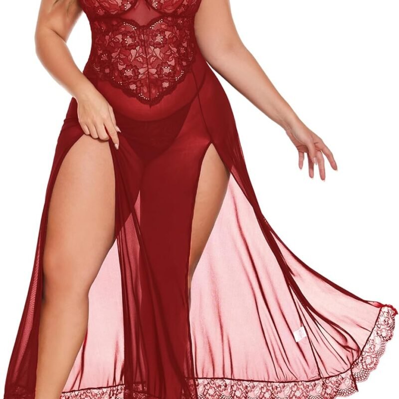 Avidlove Plus Size Lingerie for Women Sexy Lace Babydoll Long Lingerie Dress Side Split Nightgown