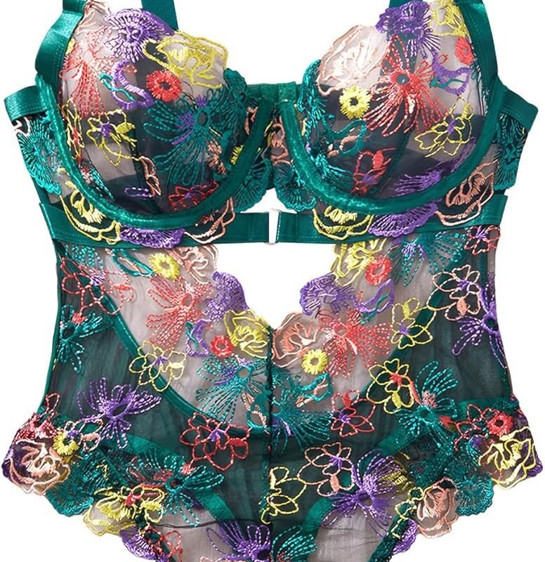 SEAUR Women's Sexy Lace Floral Embroidered Teddy Bodysuit Mesh Sheer One Piece Hollow Out Lingerie
