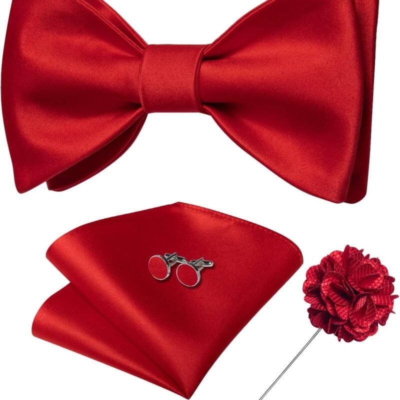 DiBanGu Solid Color Bow Ties for Men Formal Satin Self Tied Bowtie with Lapel Pin Pocket Square Cufflinks for Wedding Party