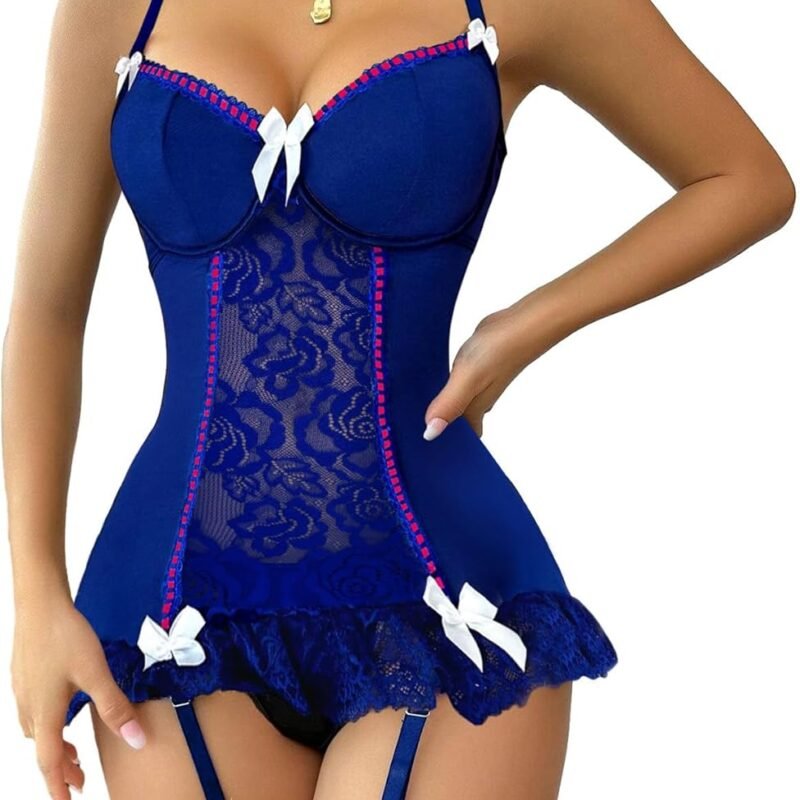 Lilosy Sexy Stocking Garter Belt Bows Floral Lace Babydoll Corset Push Up Teddy Lingerie Set with Panty