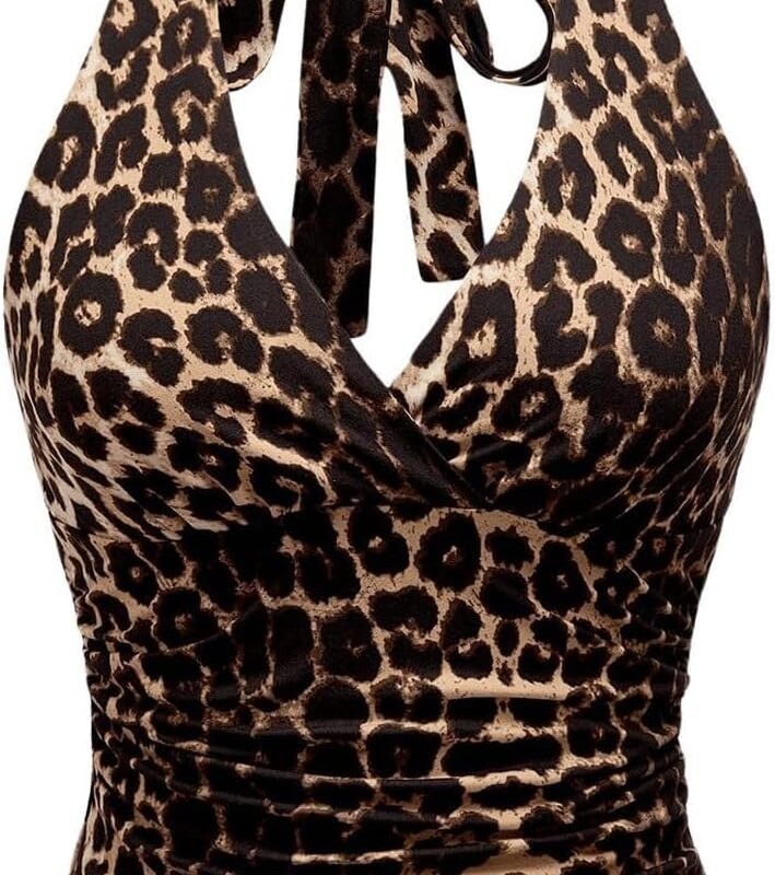 WDIRARA Women's Leopard Print Ruched Halter Crop Tops V Neck Tie Back Sleeveless Slim Fit Cami Tops