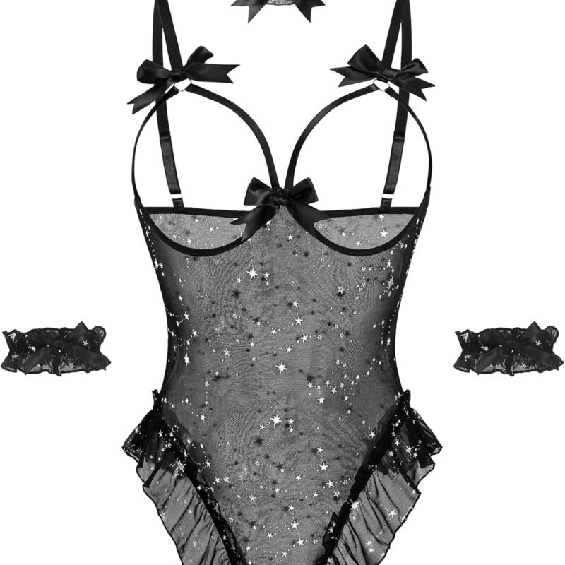 Avidlove Womens Lingerie Bodysuit 4 Piece Set Sheer Mesh Teddy Babydoll with Detachable Collar and Wrist Cuffs