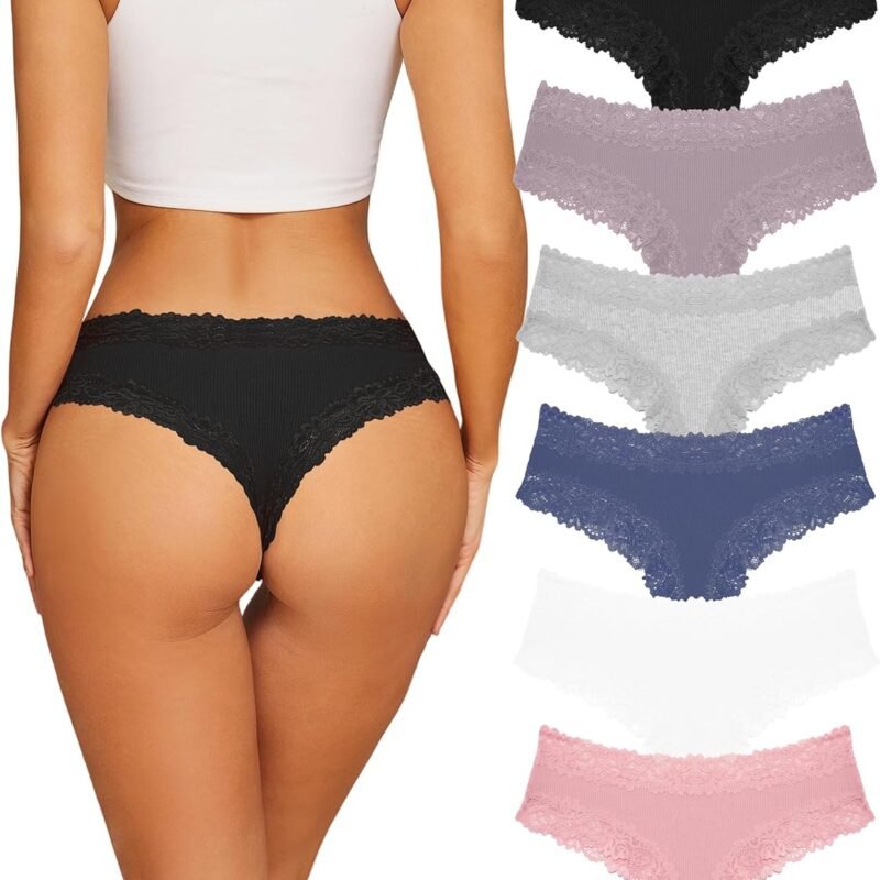 Sth Big Womens Cotton Underwear Sexy Lace Brazilian Panties Soft Breathable Cotton Bikini for Ladies 6 Pack