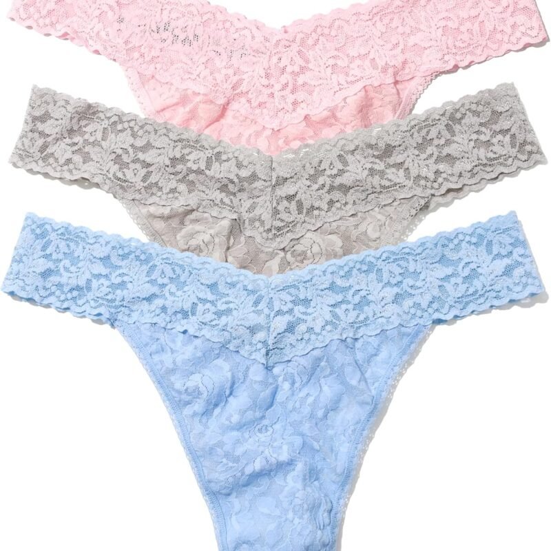 hanky panky - Signature Lace Original Rise Thongs for Women (3 pack) | One Size fits 4-14 | Bliss Pink/Sleep in Grey/Clarity | Soft Nylon Stretchy Lace, Comfortable Lingerie, Sexy Underwear