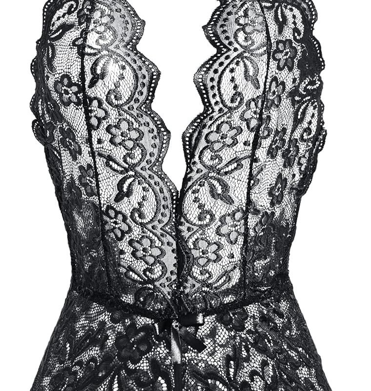 Women One Piece Black Lace sexy Lingerie Teddy, Halter Neckline, Bow Accents