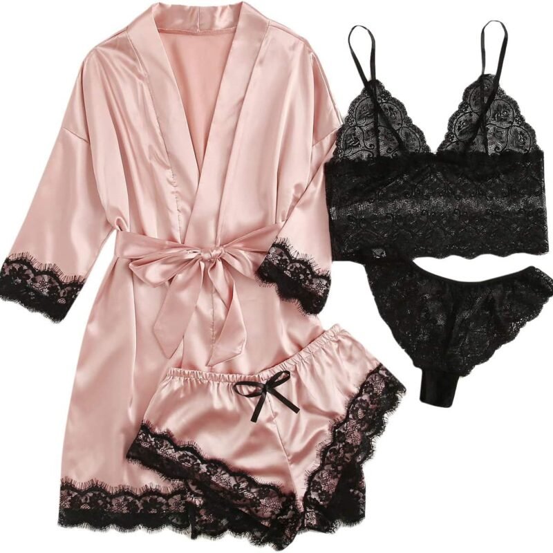 WDIRARA Women' Silk Satin Pajamas Set 4pcs Lingerie Floral Lace Cami Sleepwear with Robe