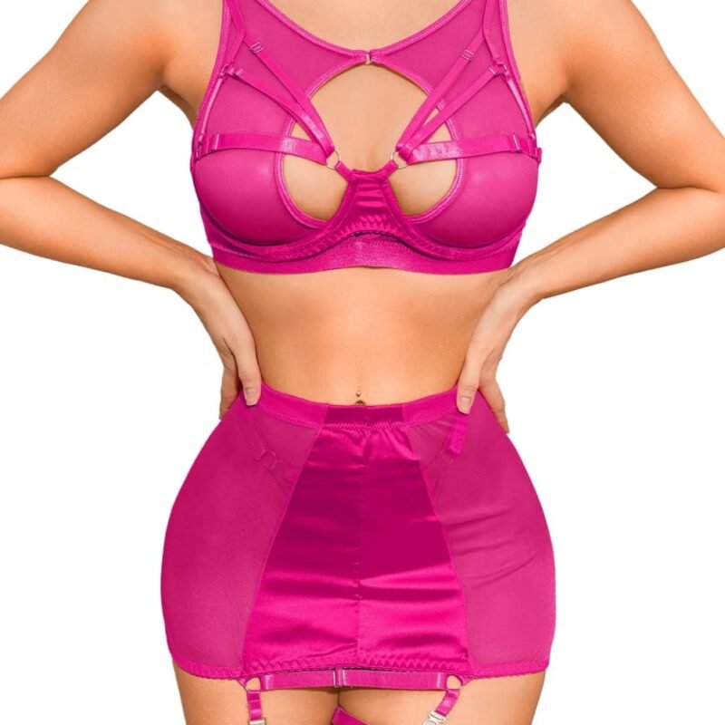 Kaei&Shi Garter Lingerie for Women, Strappy High Waisted Skirt G String 4 Piece Sexy Exotic Lingerie Outfits Set Boudoir